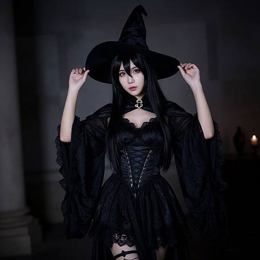 Photograph of a pale, dark-haired woman in a black witch costume with a wide-brimmed hat, lace corset, and flowing sleeves,