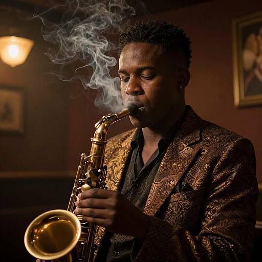Photograph of a Black man with short curly hair, playing a golden saxophone, exhaling smoke, wearing a patterned brown blazer over a