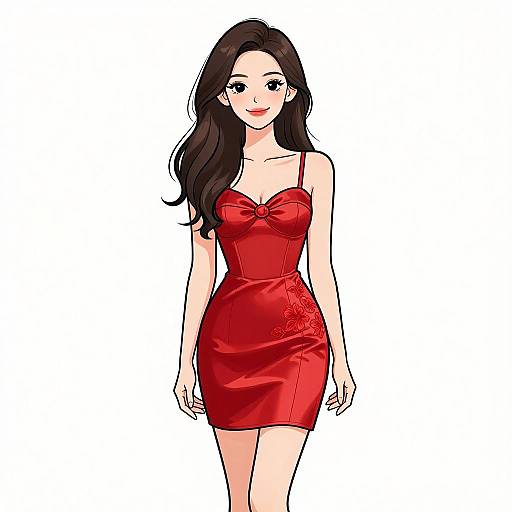 Digital anime-style drawing of a smiling woman with long black hair, wearing a form-fitting red satin dress with floral embroidery.