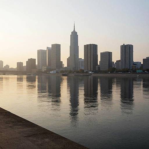 European Riverside City Skyline at Dusk