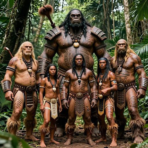 Photograph of six muscular, dark-skinned, tribal warriors with long hair, wearing brown loincloths, arm bands, and necklaces,