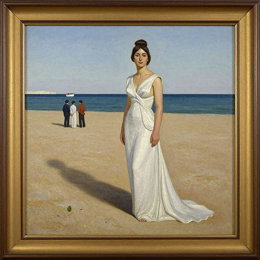 Photograph-style painting of an Asian woman in a white, sleeveless gown standing on a sandy beach with ocean and distant group in background, framed in
