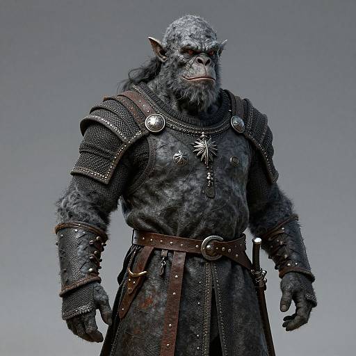 CGI image of a muscular, anthropomorphic ape warrior in medieval armor, with gray fur, long black hair, and a stern expression. Wears
