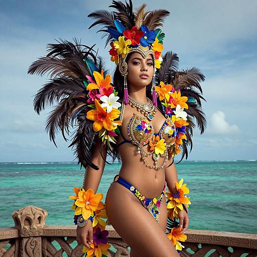 Photograph of a tan-skinned woman with black feathers and colorful flowers in a tropical bikini, adorned with gold jewelry, standing on a beach railing with