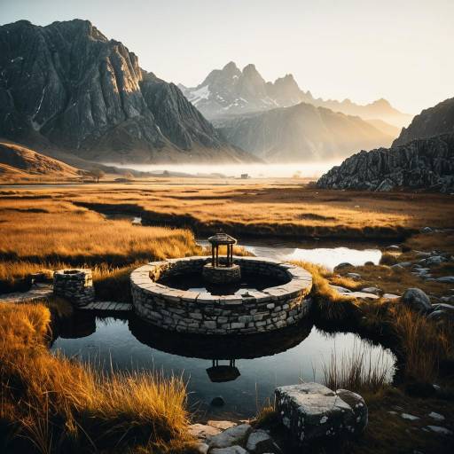 Ancient Stone Well in Foggy Mountain Marshland