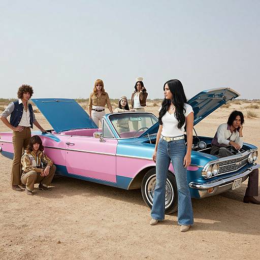 Photograph of six diverse people standing and kneeling around a pink and blue vintage car with its hood open in a desert. Retro style, bright sunlight,