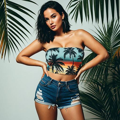 Woman in Tropical Sunset Tube Top and Denim Shorts