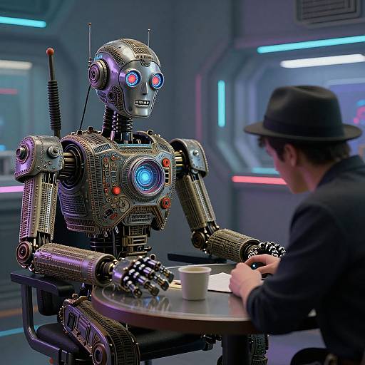 Retro Robot Meets Man in Cyberpunk Beijing