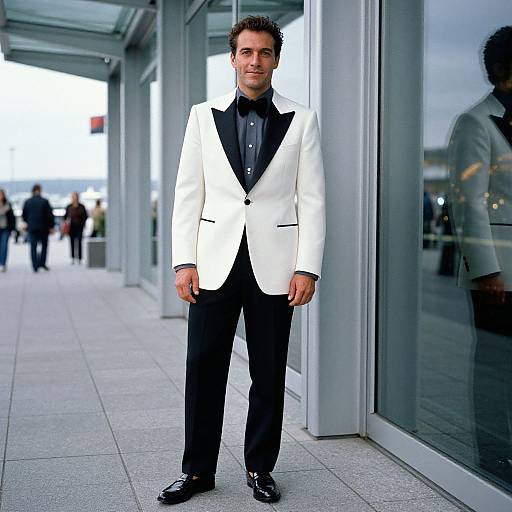 Photograph of a young man with short brown hair, wearing a white tuxedo with black lapels, black shirt, black pants, and black