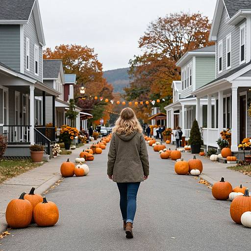 Photograph of a blonde woman in a brown coat walking down a suburban street lined with pumpkins and autumn decorations.