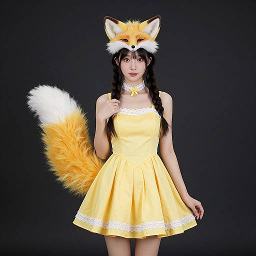 Photograph of an East Asian woman with long black hair, wearing a yellow dress, fox ears, and tail, against a black background.