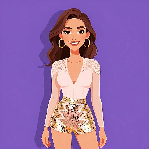 Digital illustration of a smiling woman with long brown hair, wearing a white lace top, gold sequin shorts, and large hoop earrings, against a solid