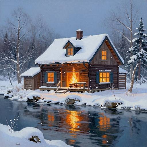 Winter House by Water in Firelight