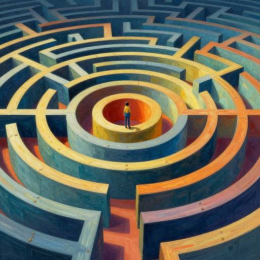 Digital artwork of a lone figure in a brightly lit, multi-colored, circular maze with sharp, geometric walls, standing at the center.