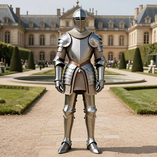 Photorealistic CGI of a fully armored knight standing in a sunlit French chateau garden, with intricate metal armor and a helmet.