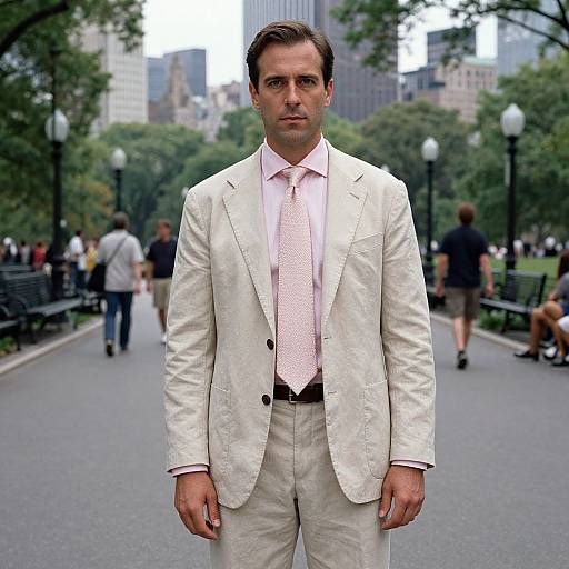 Photograph of a serious-looking man in a white suit with pink tie standing in a busy urban park, trees and skyscrapers in the background.