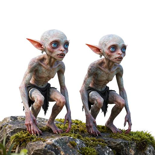 Digital CGI image of two small, pale-skinned, blue-eyed goblin-like creatures with large ears, sharp teeth, and black loincloths