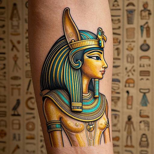 Tattoo of ancient Egyptian Anubis-headed woman with blue and gold stripes, traditional hieroglyphs background. Detailed, colorful, upper arm