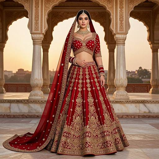 Photograph of an Indian bride in a red and gold embroidered lehenga with a long veil, standing in a sunlit, ornate archway.