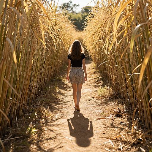Photograph of a young woman with long brown hair walking down a sunlit path flanked by tall golden wheat stalks, casting a shadow on the