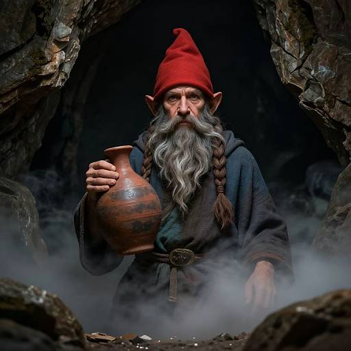 Photorealistic digital art of a grizzled, bearded elf with pointed ears, wearing a red hat and dark robe, holding a wooden jug