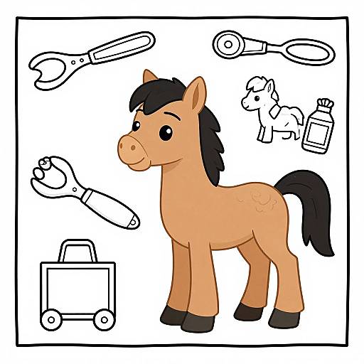 Colorful cartoon horse with black mane and tail, surrounded by black-and-white tool and toy sketches in a square frame.