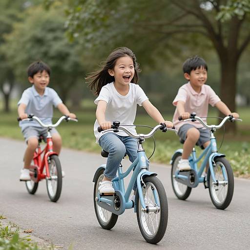 Photograph of three Asian children riding bicycles on a park path, with the girl in the center laughing, wearing a white shirt and blue jeans.
