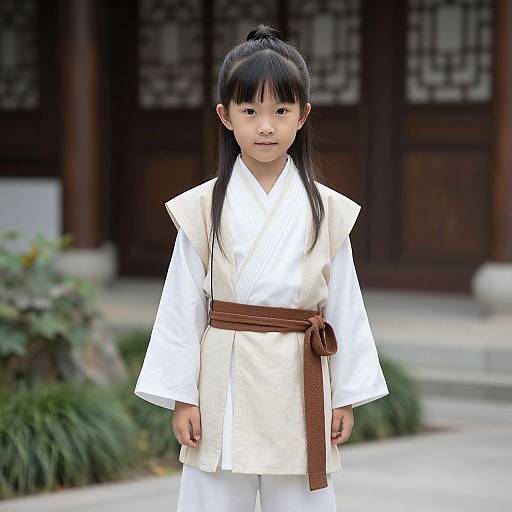 Photograph of an Asian girl with black hair in a high ponytail, wearing a white karate gi with a brown belt, standing in front of