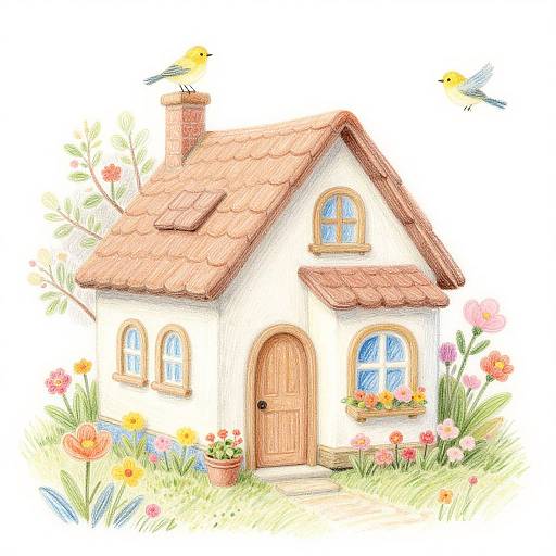 Whimsical watercolor illustration of a small, white cottage with a red-tiled roof, surrounded by vibrant flowers, and two yellow birds flying above