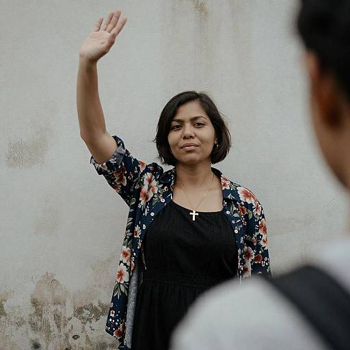 Grainy Portrait: Woman with Raised Hand