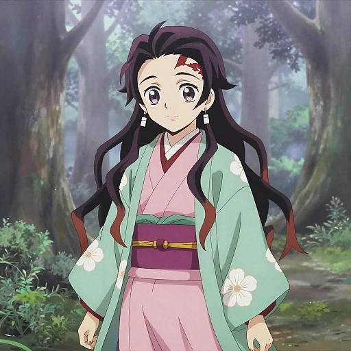 Anime-style drawing of a young woman with long black hair, wearing a pink and green kimono with white floral patterns, standing in a misty forest
