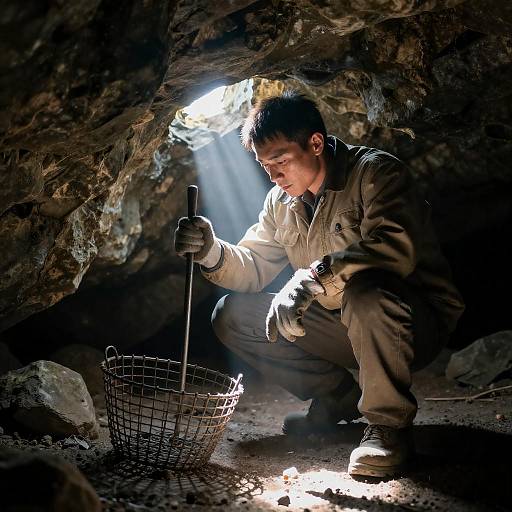 Man Working in Rocky Cave with Sunlight