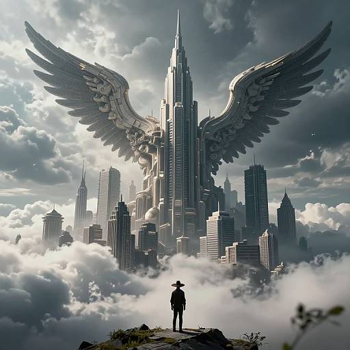 Digital artwork: Silhouetted figure with hat stands on rocky edge, gazing at towering, angel-winged skyscraper amidst cloudy cityscape.