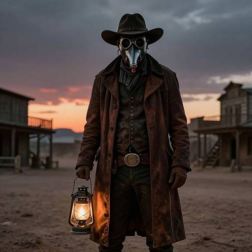 Photograph of a masked figure in a long brown coat, holding a lantern, standing in a deserted Western town at sunset.