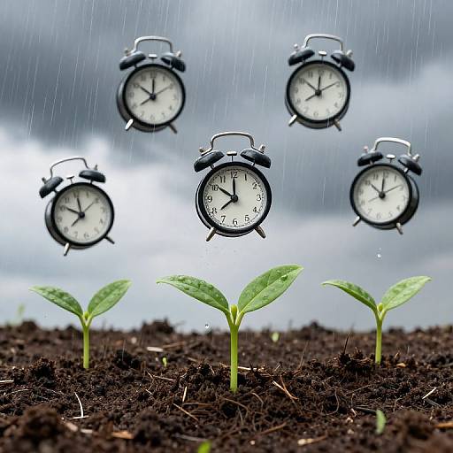 Photograph of five black alarm clocks floating in rain, above green seedlings growing in dark, wet soil. Clocks represent time, while seedlings