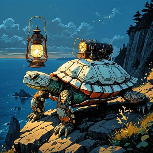 Steampunk Turtle on Cliff at Dusk