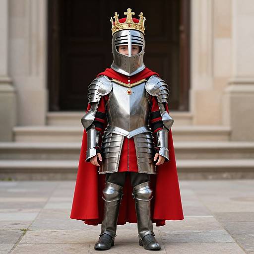 Photograph of a young child in shiny silver armor, red cape, and gold crown, standing in front of a stone building.