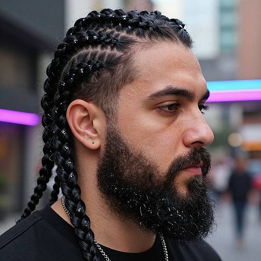 Photograph of a bearded man with dark braided hair, black shirt, small stud earring, and city street background with purple neon lights.