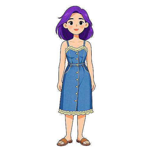 Digital anime-style drawing of a smiling girl with purple hair, wearing a blue sundress with yellow trim, and brown sandals.