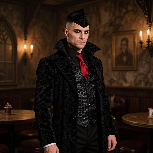 Photograph of a pale, serious man in a black velvet top hat, coat, and red tie, standing in a dimly-lit, vintage