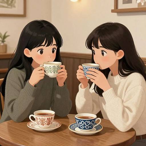 Two anime-style girls with black hair, one in a gray sweater and one in white, sipping tea from patterned cups at a wooden table in
