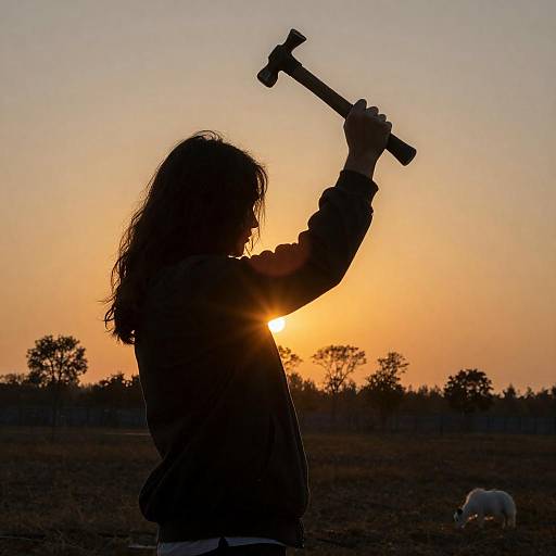 Silhouette of a Hammer-Wielding Man at Sunset