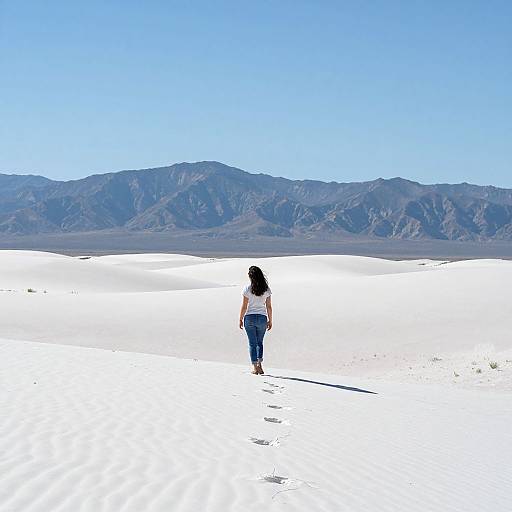 Photograph of a woman with curly black hair, wearing a white tank top and blue jeans, walking alone in a vast, bright white desert with distant