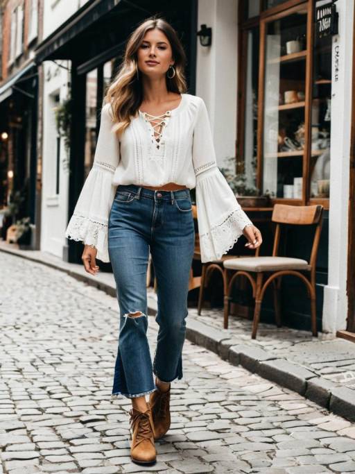 Woman in Boho Blouse and Cropped Jeans Walking on Cobblestone Street