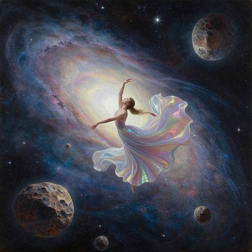 Digital artwork of a glowing, ethereal woman in a flowing, iridescent dress dancing through a cosmic galaxy with colorful nebulae and several rocky