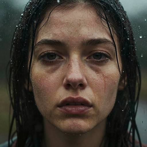 Close-up photograph of a wet-faced young woman with dark, wet hair, raindrops on her face, serious expression, blurred gray background.
