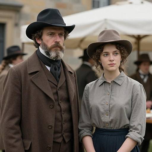 19th-Century Couple by Stone Building