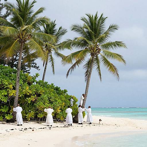 Photograph of seven people in white robes standing on a tropical beach with palm trees, lush greenery, and turquoise water.