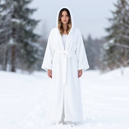 Photograph of a woman with wavy brown hair, wearing a white, flowing robe, standing in a snowy forest with blurred pine trees in the background