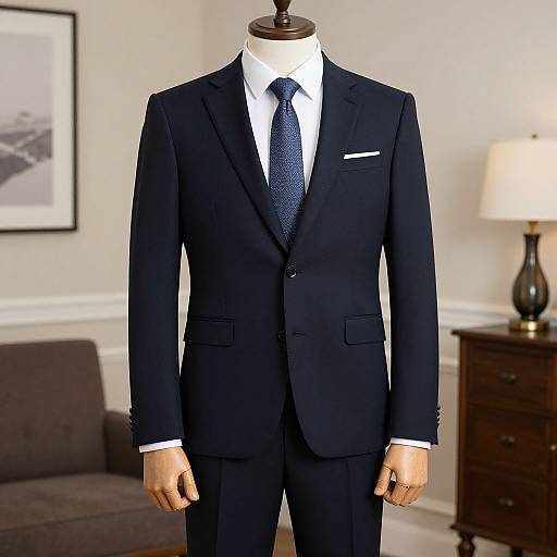 Photograph of a headless mannequin wearing a black suit, white shirt, and blue polka-dot tie, in a warmly lit living room